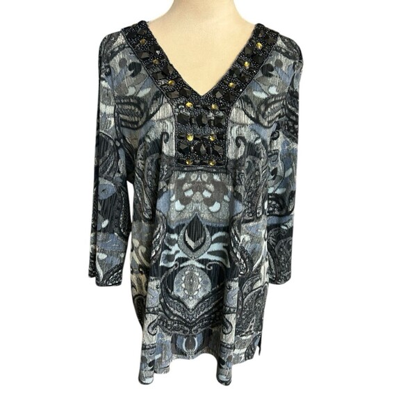 Chicos Womens Jewel Embellished Tunic Blue Gray Paisley Boho Top Size 3 US XL - Picture 1 of 7